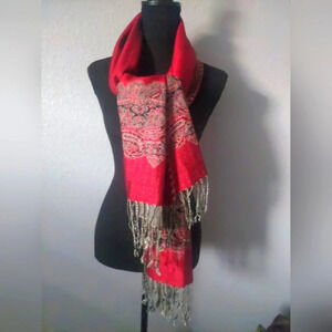 Pashmina silk blend Shawl Scarf Wrap red  Tassels ethnic Bohemian luxury